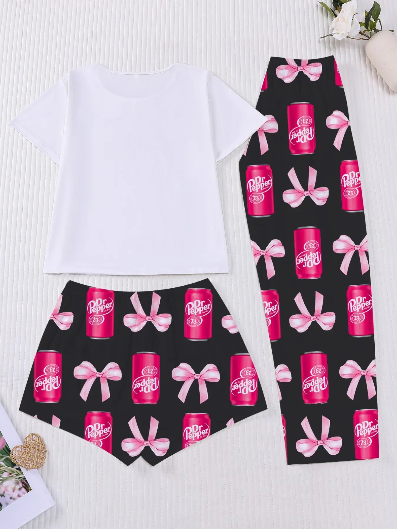 3-Piece Casual Sleepwear Set Pajamas Loungewear for Women Lady with Bow Print