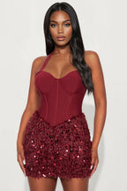Stop And Stare Fur Trim Bandage Mini Dress - Wine