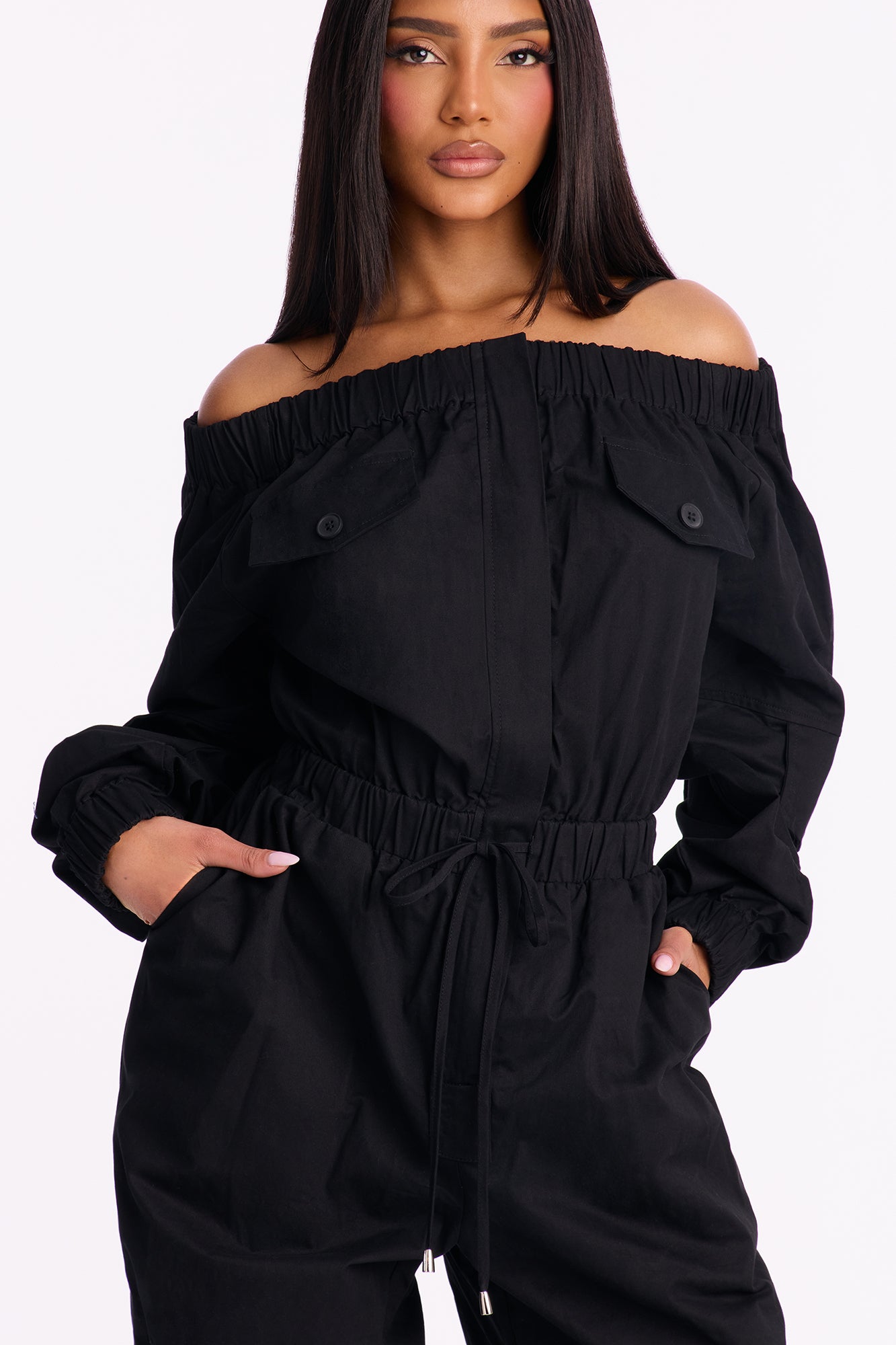 Tasha Off Shoulder Balloon Leg Jumpsuit - Black