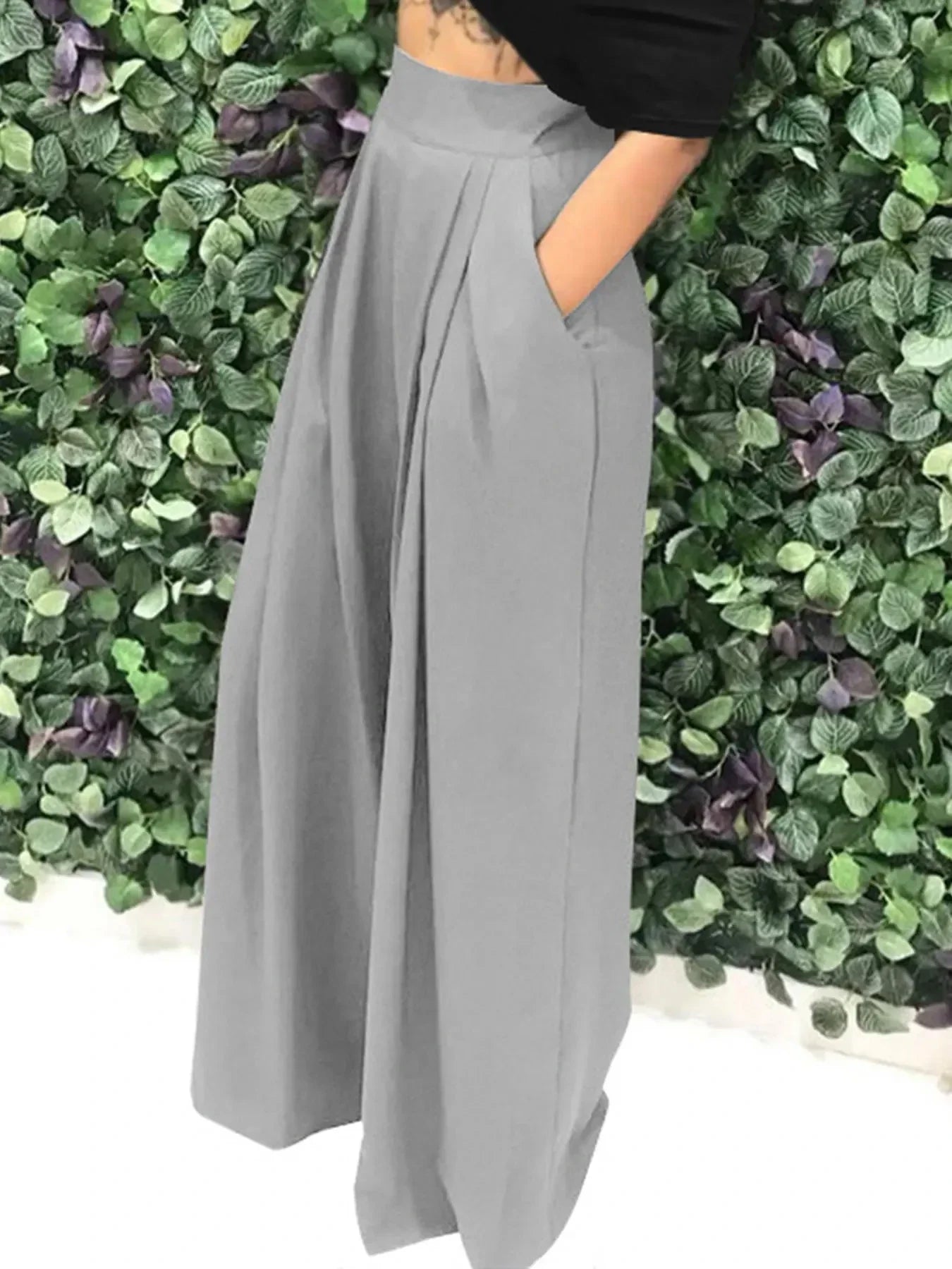 Women's Plain Plicated Pocket Wide Leg Pants