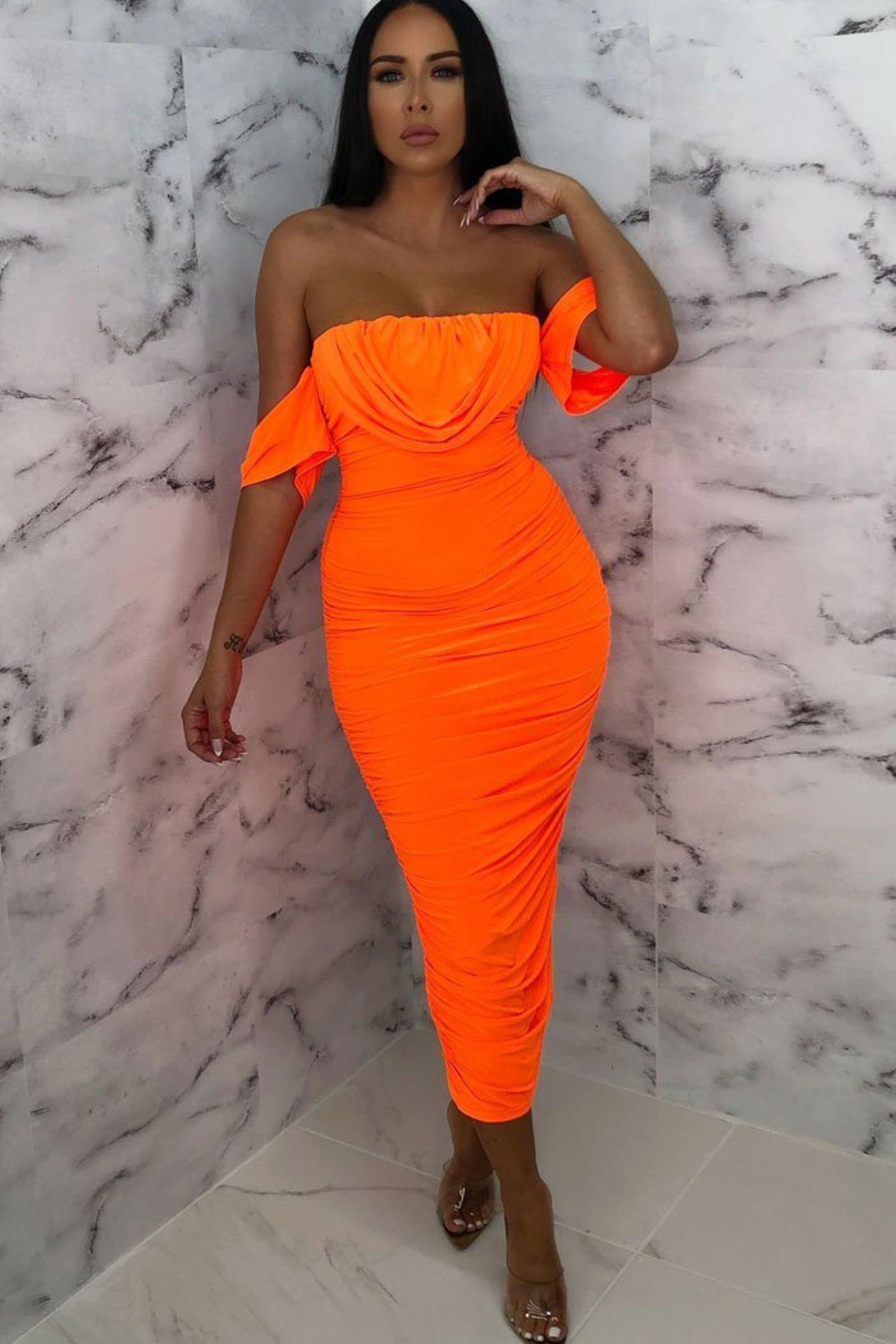 Bardot Cowl Neck Ruched Midi Dress