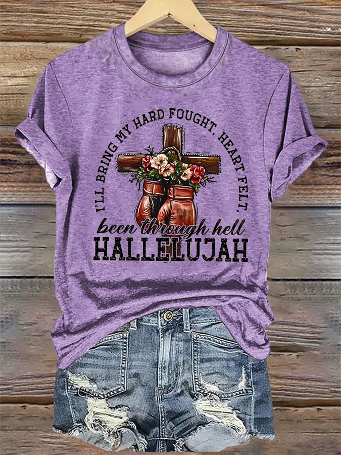 Women's  I'll Bring My Hard Fought Hallelujah Christian Cross Boxing Gloves T-Shirt