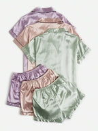 3sets Contrast Piping Satin Blouse & Shorts PJ Set / Pajama Set