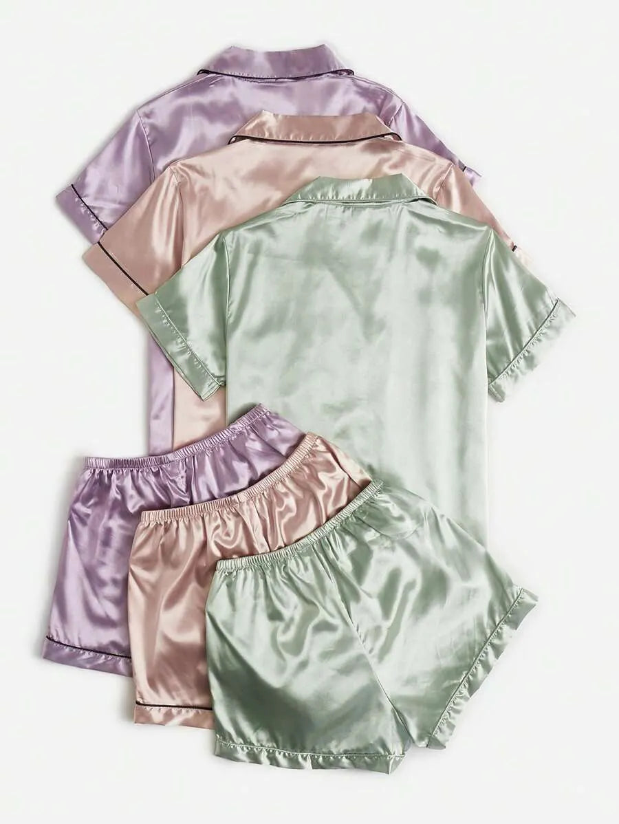 3sets Contrast Piping Satin Blouse & Shorts PJ Set / Pajama Set