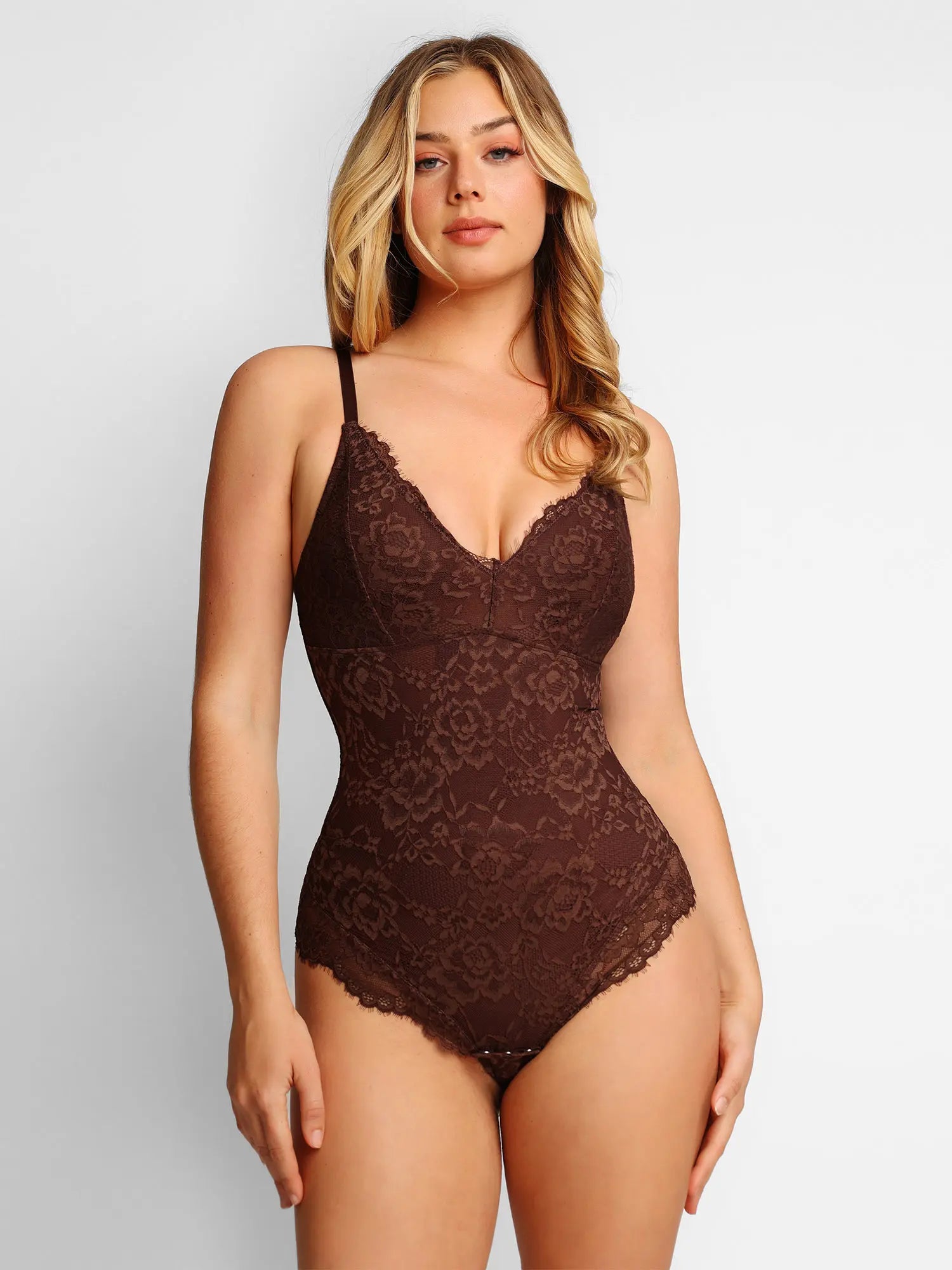Popilush Basic Full Lace Built in Shapewear Bodysuit Women Vneck Compression Sleeveless Thong Tummy Control Backless Adjustable Sexy Bodysuit Womenswear Summervibe