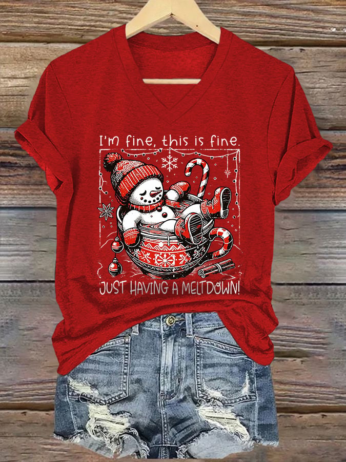 V-Neck Retro Christmas Funny Snowman Hot Cocoa I'm Fine, This Is Fine Just Having A Meltdown Print T-Shirt
