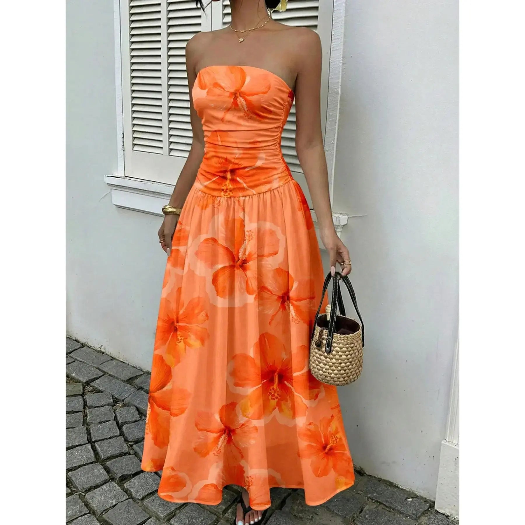 Women's Elegant Chic Fashion Polka Dot Strapless Dress, Stylish Sleeveless Maxi Dress for Parties and Casual Wear