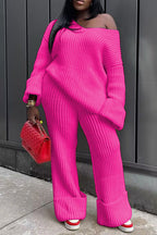 Pleated Knit Off Shoulder Long Sleeve Sweater Straight Leg Pants Matching Set-White