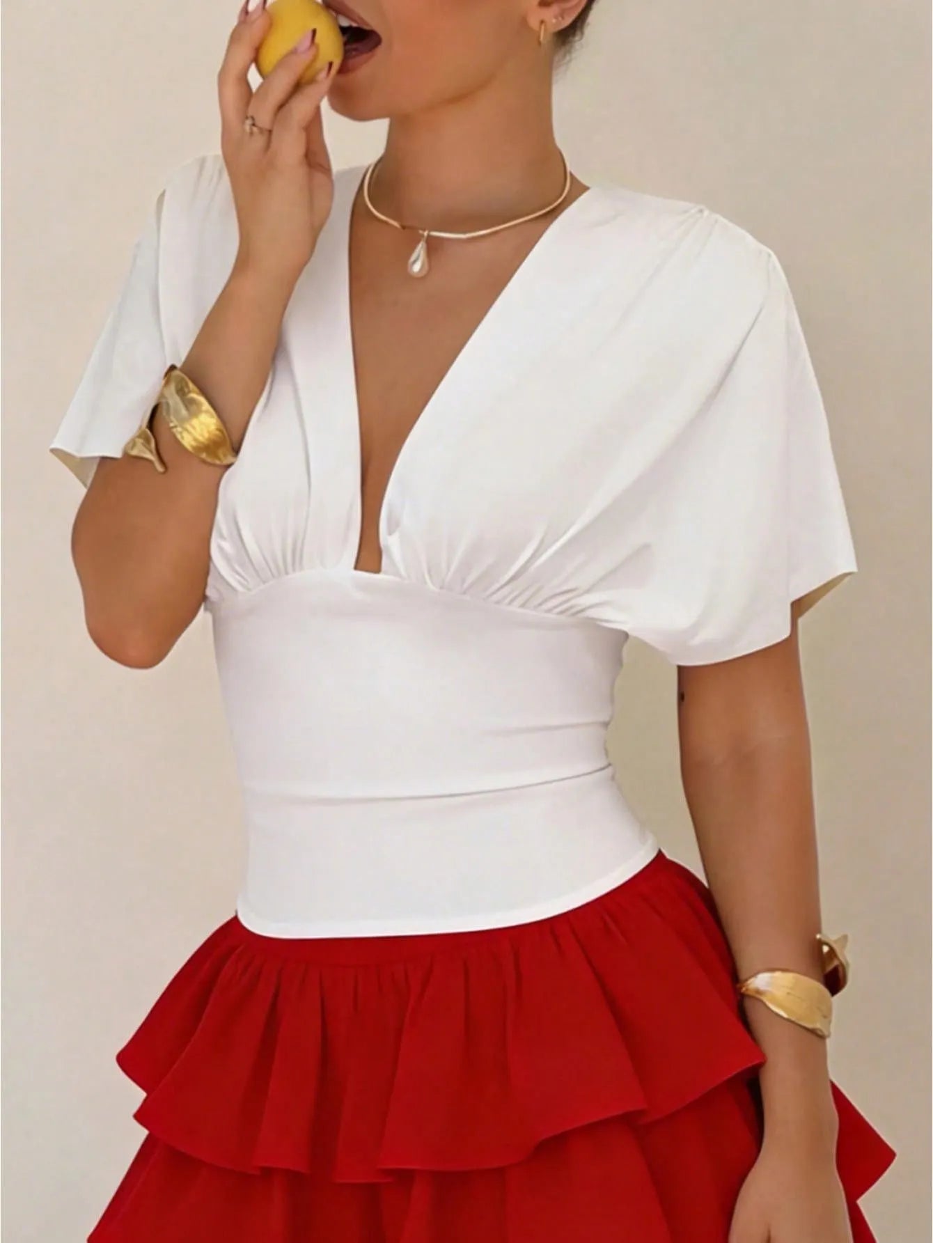 Women's Solid Deep V-Neck Flutter Sleeve Crop Tops Ruched Backless Tie Knot Bodycon Blouse Top