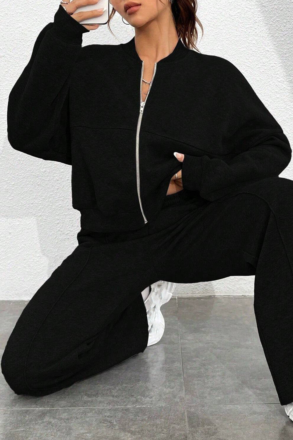 Zipper Long Sleeve Track Jacket Solid Color Wide Leg Pants Set-Black