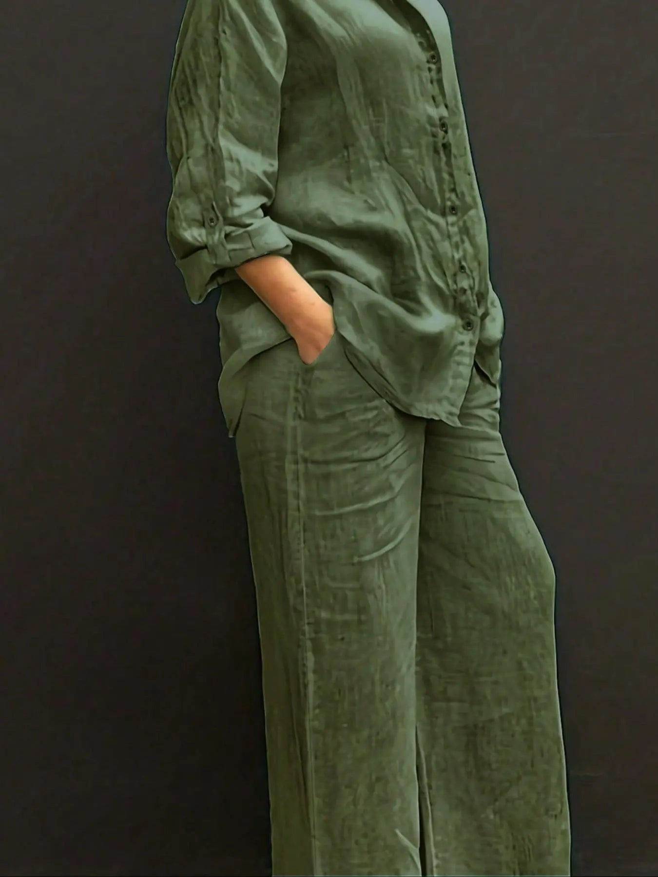 Women's Solid Color Long Sleeve Shirt & Wide Leg Pants Set