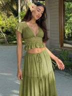 Women Summer Short Sleeve V Neck Tops Long Skirt Beach Vacation Chiffon Two Piece Set Outfit