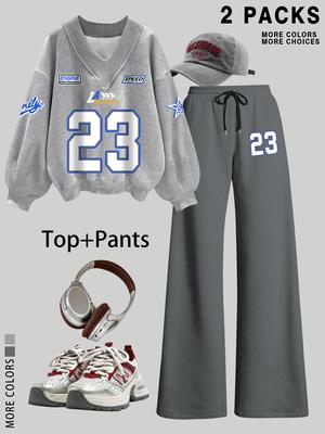 Women's V Neck Sweater Pants Set, Fashionable Digital Bowknot Print, Straight Leg Elastic Waist, Casual Long Sleeve Pullover