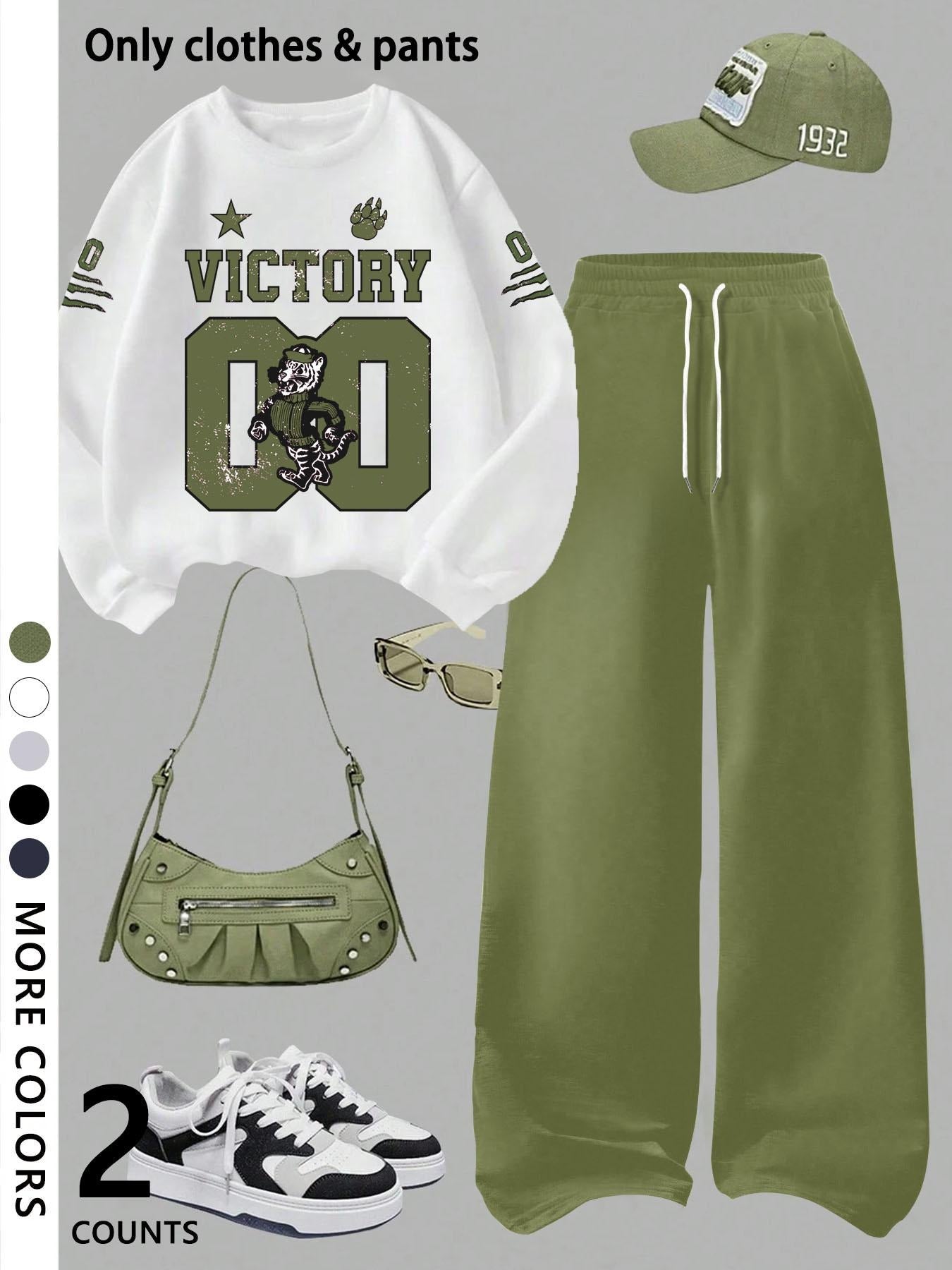Girls' casual cool Graphic pattern print round neck pullover sweatshirt top and loose casual wide-leg pants, military green fashion dress, suitable for daily and going out