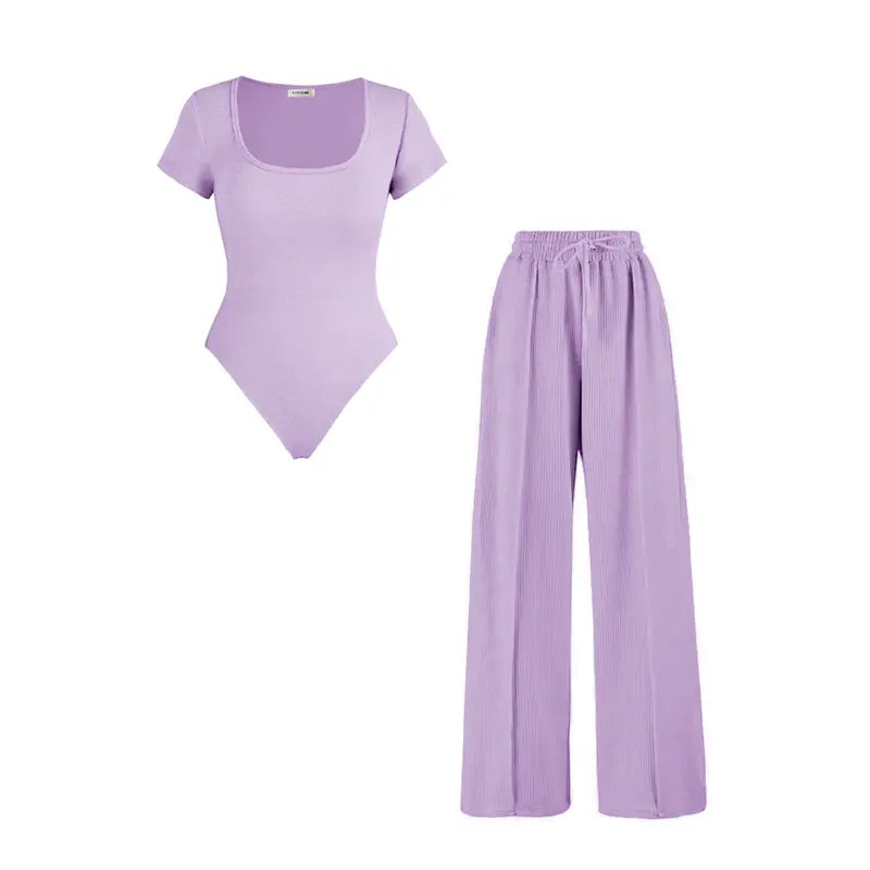 Women's Trendy Square Neck Shaping Bodysuit & High Waist Wide Leg Pockets Trousers Co-ord,Short Sleeve Shapewear,Two-Piece Outfit for Womenswear