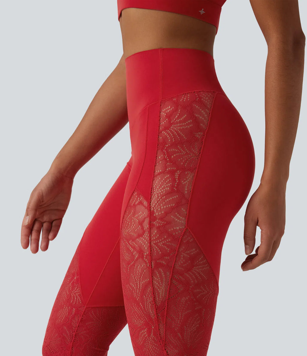 UltraSculptTM High Waisted Tummy Control Contrast Lace Yoga Flare Leggings with Pocket