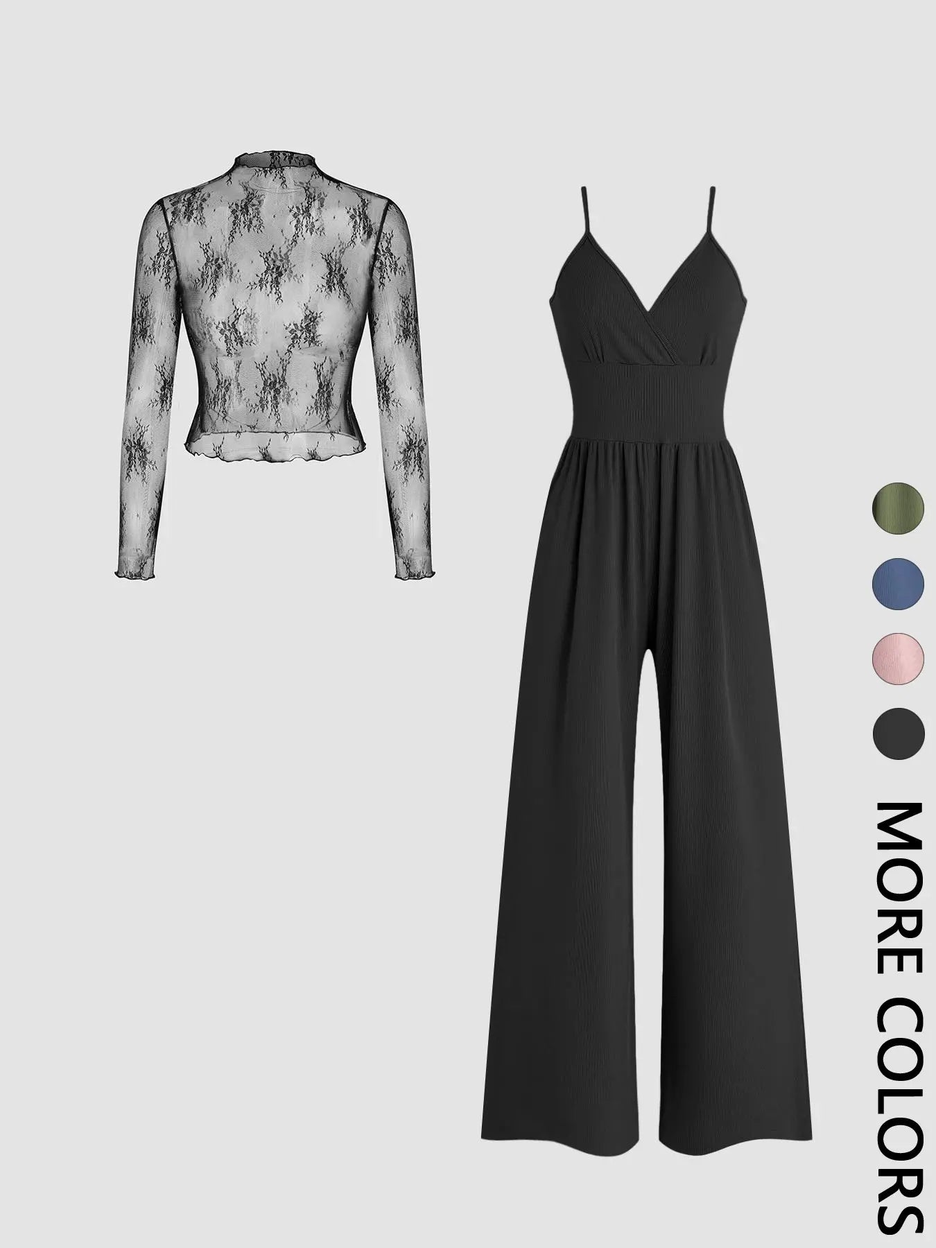 Valentine's Day Two-piece Set Women's Fitted Solid Color Lettuce Trim Mock Neck Sheer Lace Top & Pocket Wide Leg Cami Jumpsuit, Elegant Fashion Casual Two Piece Outfits for Daily Outdoor Wear, Women Clothes for Spring Fall, Womenswear Sleeves Lady