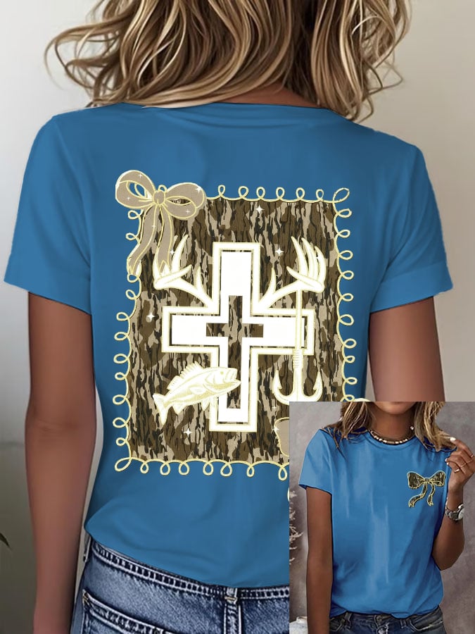 Women's Retro Faith Fishing Hunting Print T-Shirt