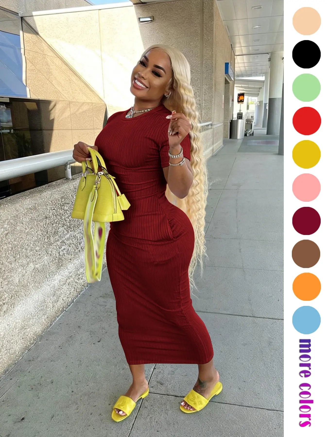Threaded Elastic Solid Color Bodycon Dress, Breathable Elastic Party Outing Travel Pocket Long Dress, Summer Dress, Everyday Casual Wear, Womenswear