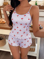 Softscene Women's Striped Cherry Print Camisole & Shorts Pajama Set
