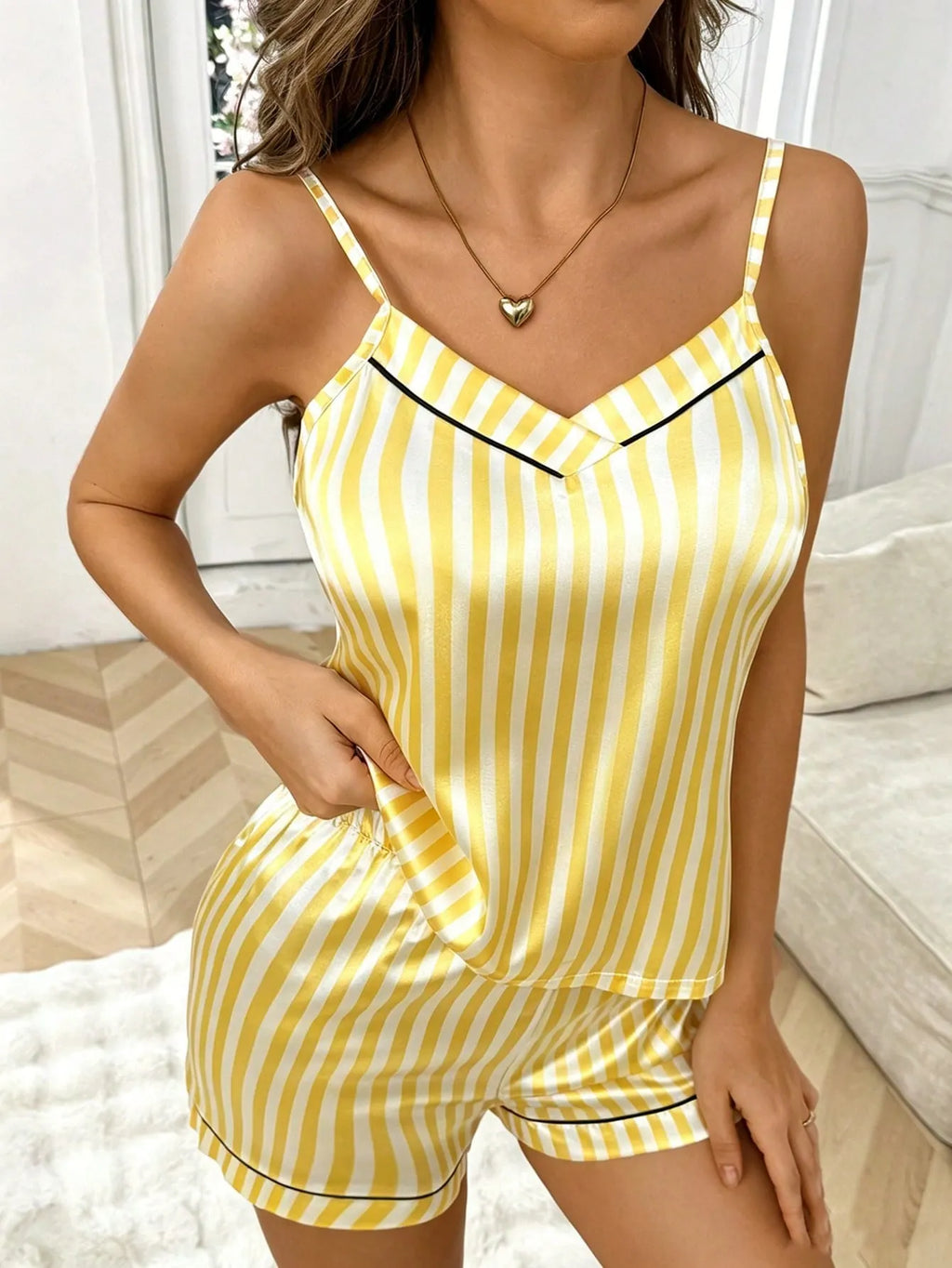 Softscene Stripe & Print Satin Camisole Top & Shorts Women Pajama Set