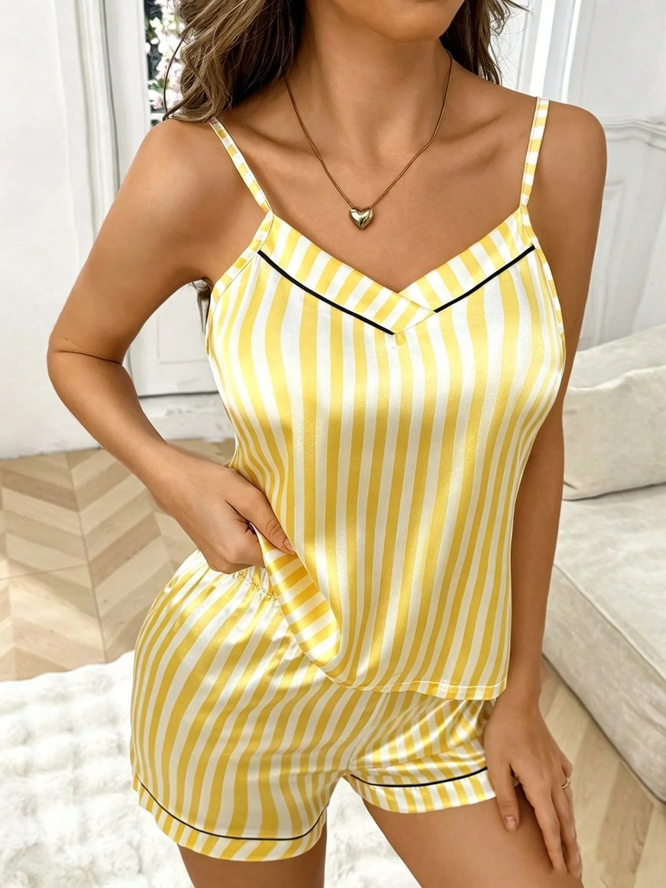 Softscene Stripe & Print Satin Camisole Top & Shorts Women Pajama Set