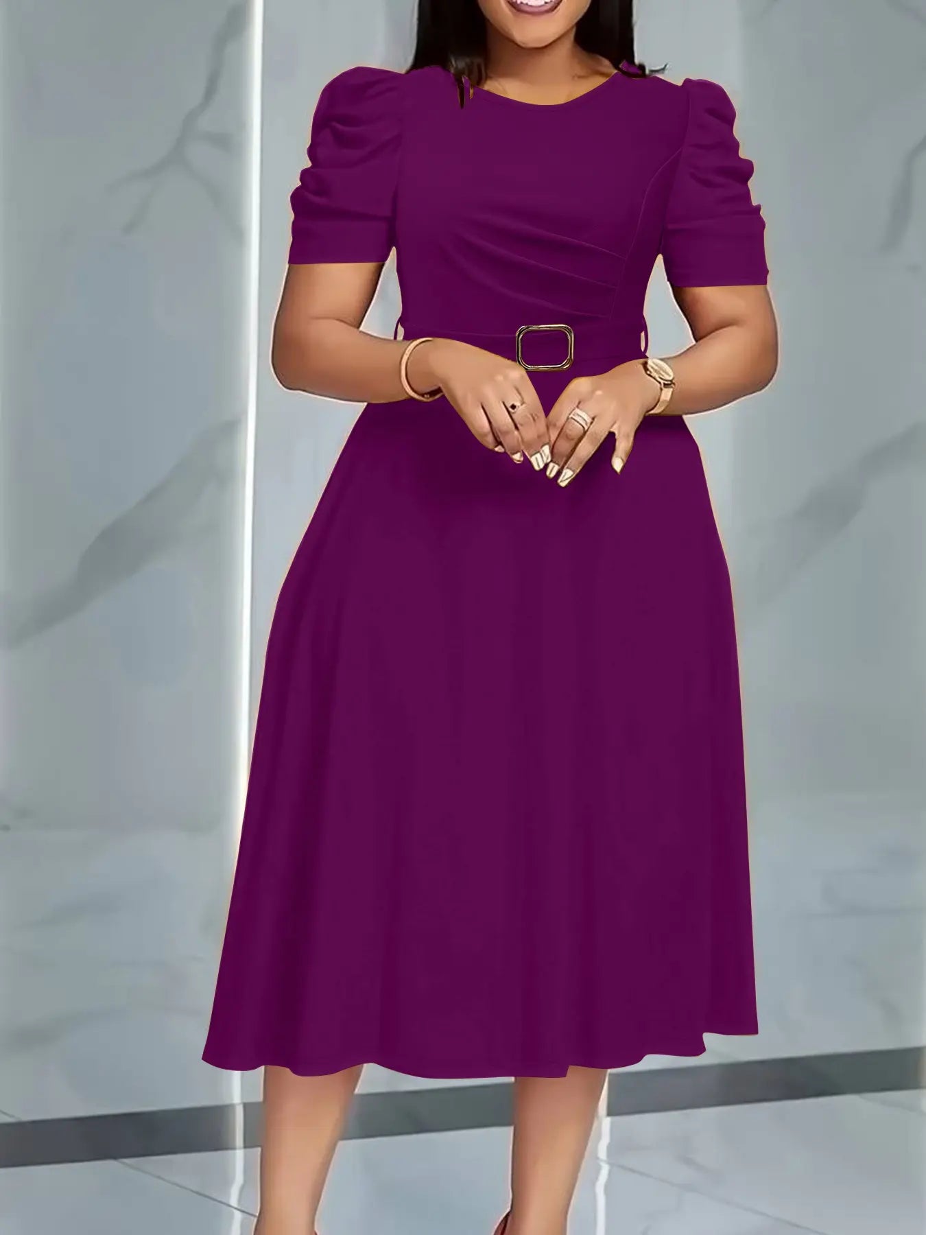 Summer Camel Bubble Sleeve Midi Dress with Waist Belt