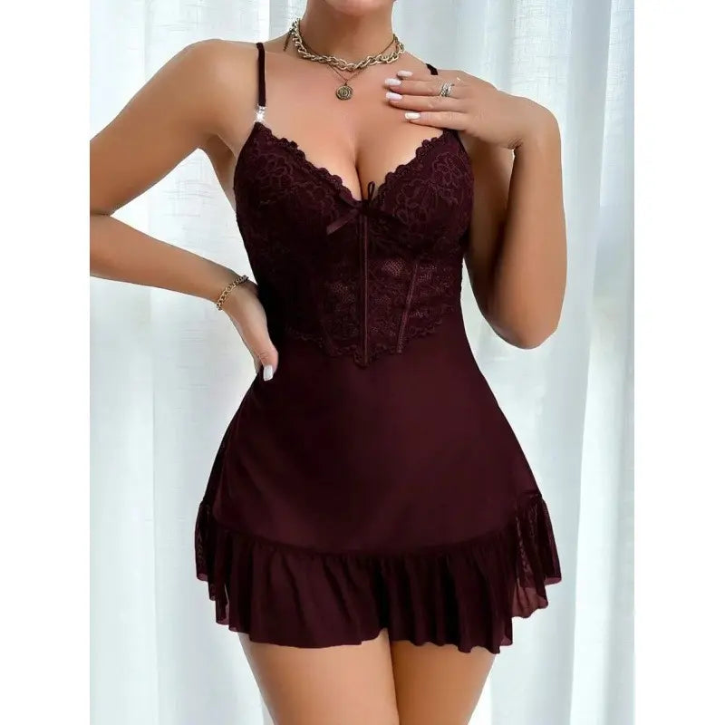 RRJ 2pcs/Set Fishbone Waistline Design Lace Cami Nightgown And Wide Sleeve Floral Lace Trim Mesh Robe lingerie women