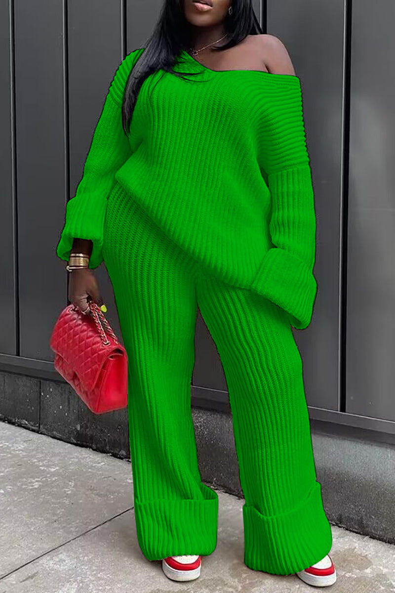 Pleated Knit Off Shoulder Long Sleeve Sweater Straight Leg Pants Matching Set-White