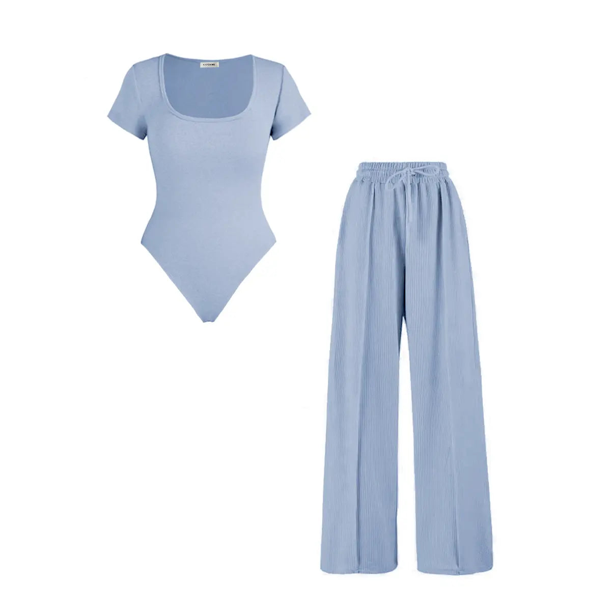 Women's Trendy Square Neck Shaping Bodysuit & High Waist Wide Leg Pockets Trousers Co-ord,Short Sleeve Shapewear,Two-Piece Outfit for Womenswear