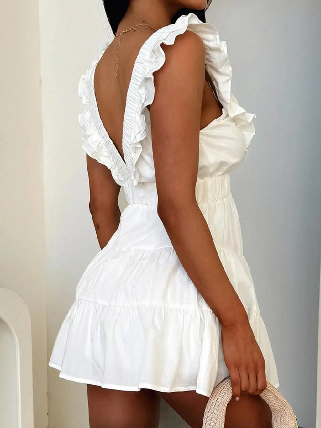 Women's Plain Ruffled Deep V Neck Dress, Casual Breathable Fitted Dress for Summer, Women's Clothes for Daily Wear, Beach Summer Dress, Womenswear