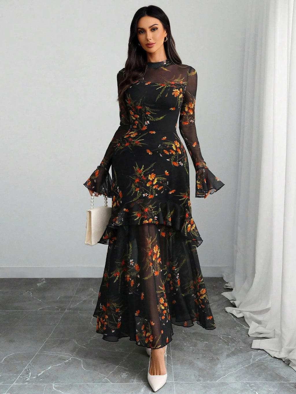 Women's Gothic Elegant Sexy Mesh Splicing Colorful Print Retro Petal Sleeves Ruffle Mermaid Hem Double Layer Dress