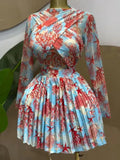 Women's Leaf Print Long Sleeve Round Neck Wrap Mini Midi Dress, Fitted elegant dress, Front Pleated Party Birthday Dress, Romantic Vacation Style 2026 Cocktail Dresses, Dressy Fashion Dinner Parties Dress, Streetwear Beach Dress