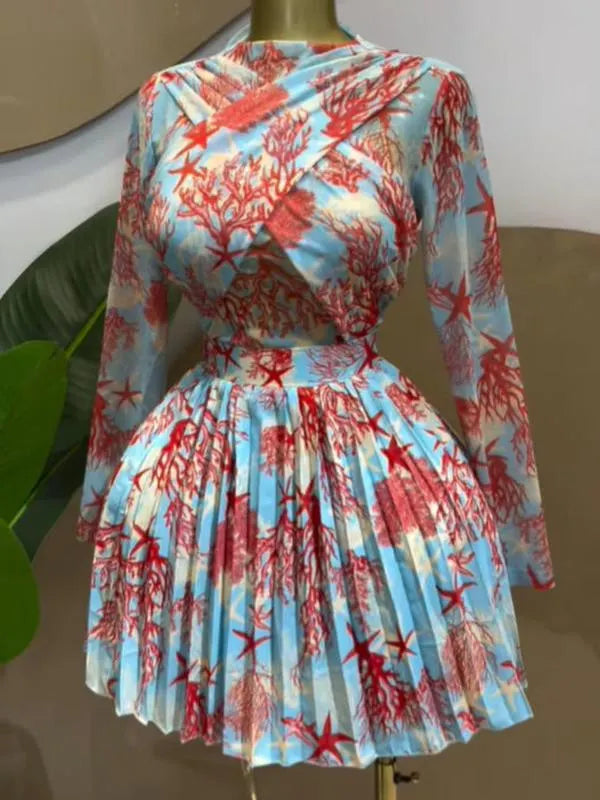 Women's Leaf Print Long Sleeve Round Neck Wrap Mini Midi Dress, Fitted elegant dress, Front Pleated Party Birthday Dress, Romantic Vacation Style 2026 Cocktail Dresses, Dressy Fashion Dinner Parties Dress, Streetwear Beach Dress