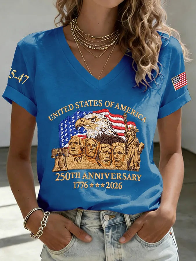 V-Neck Retro United States Of America 250th Anniversary Print T-Shirt
