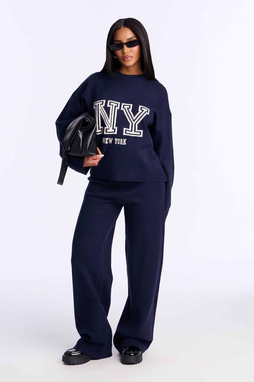 New York Prep Crew Neck Sweater Pant Set - Navy