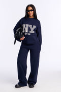 New York Prep Crew Neck Sweater Pant Set - Navy