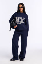 New York Prep Crew Neck Sweater Pant Set - Navy