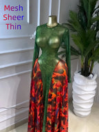 Elegant Chic Women's O-neck Long Sleeve Big Swing A-line Formal Prom Dress, Evening Formal Wear, Sexy Party Outfit Evening Gown, Street Beach Summer Vacation Maxi Sheer Print Dress, Female Fashion Music Festival Dress,Lady Cocktail Skirt