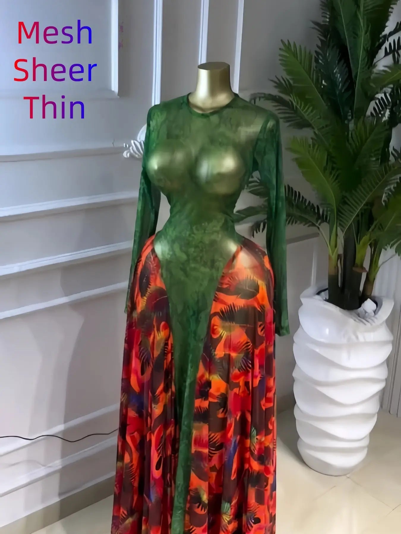 Elegant Chic Women's O-neck Long Sleeve Big Swing A-line Formal Prom Dress, Evening Formal Wear, Sexy Party Outfit Evening Gown, Street Beach Summer Vacation Maxi Sheer Print Dress, Female Fashion Music Festival Dress,Lady Cocktail Skirt