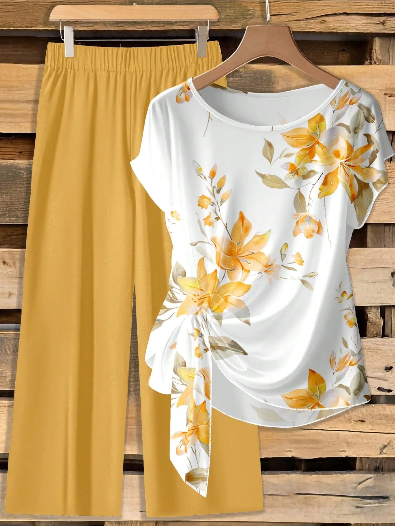 Women's Tie Bow Blouse And Loose Straight Leg Pants 2 Pieces Set,Casual Tropical,Summer Outfits For Women Vacation White Floral Light Yellow