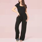 Women's Trendy Square Neck Shaping Bodysuit & High Waist Wide Leg Pockets Trousers Co-ord,Short Sleeve Shapewear,Two-Piece Outfit for Womenswear