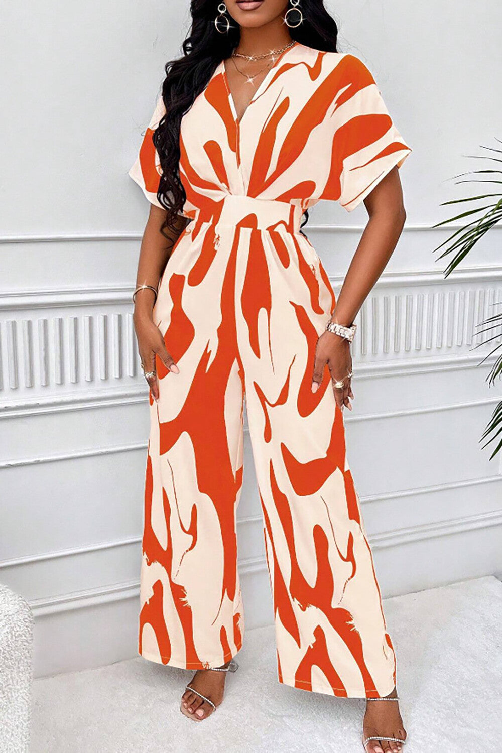 Abstract Print V Neck Short Sleeve High Waist Wide Leg Jumpsuit-Black