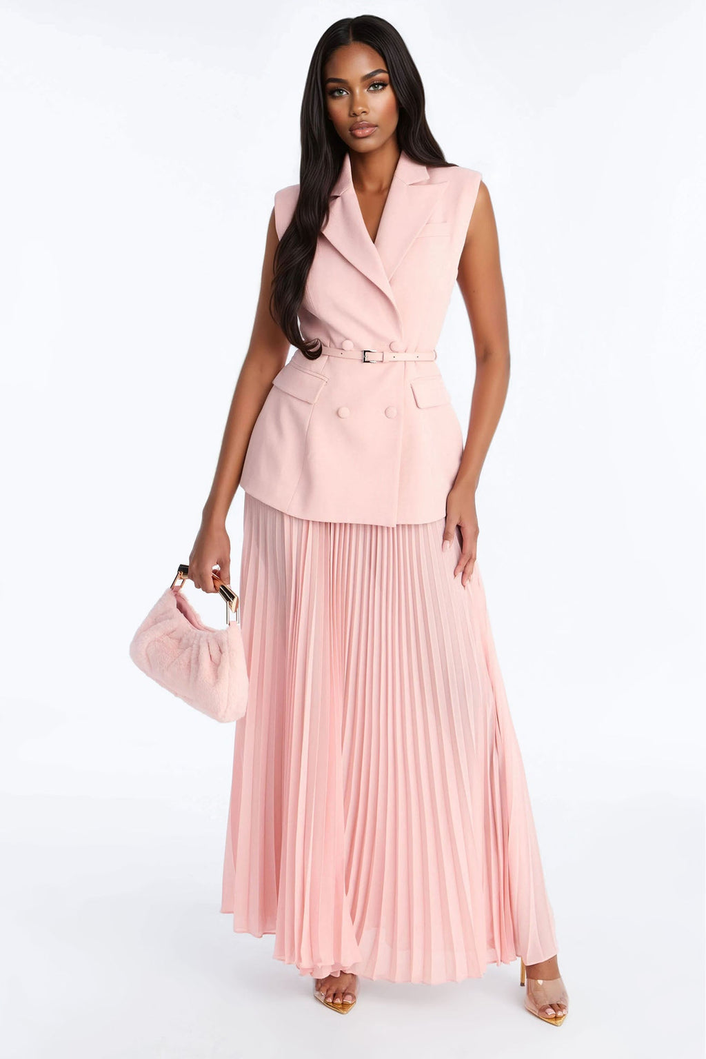 Aria Belted Blazer Pleated Maxi Skirt Set - Black