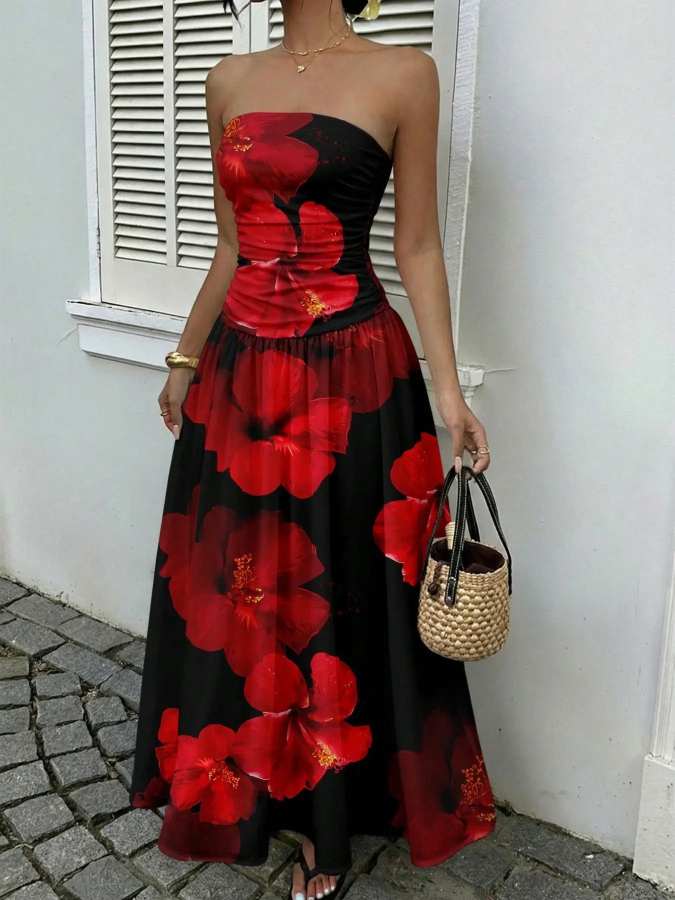 Women's Elegant Polka Dot Strapless Maxi Dress for Parties
