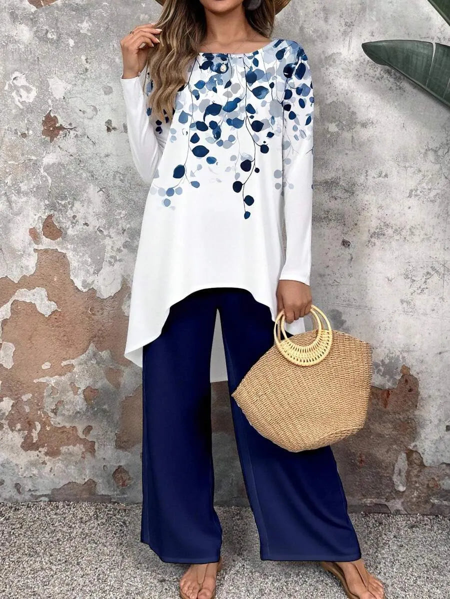 Women 2pcs Set White And Blue Navy Blue Floral Printed Top And Flowing Wide-Leg Pants Autumn Casual Elegant Tea Party Travel Vacation Work Outfits