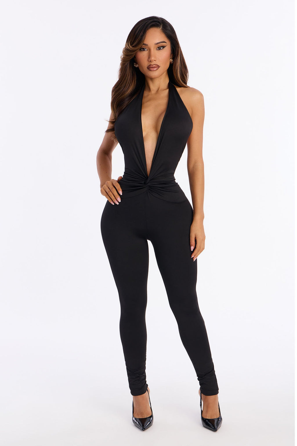 Jenice Plunge Neck Halter Catsuit - Black