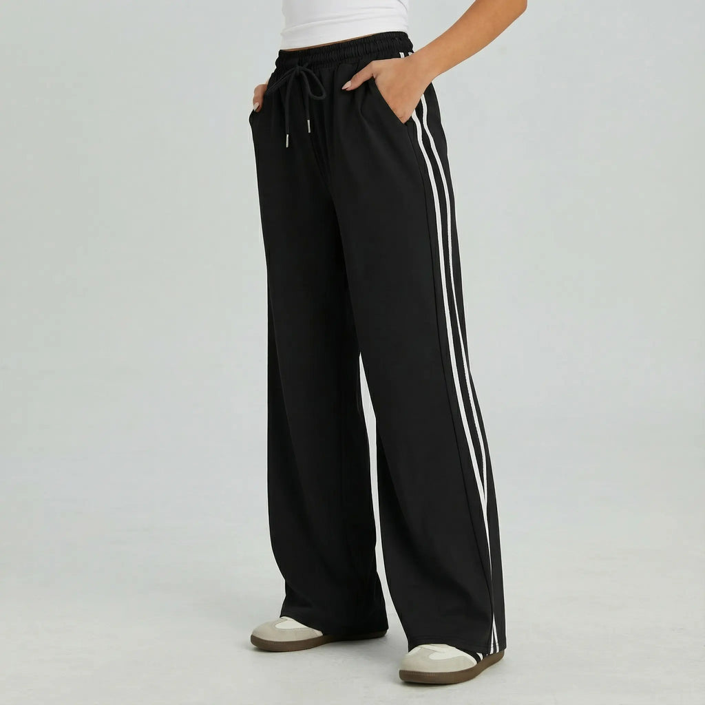 Women's Casual High Waist Striped Wide Leg Trousers, Sporty Drawstring Waist Side Pocket Outfit, Minimalist Versatile Women's Bottom