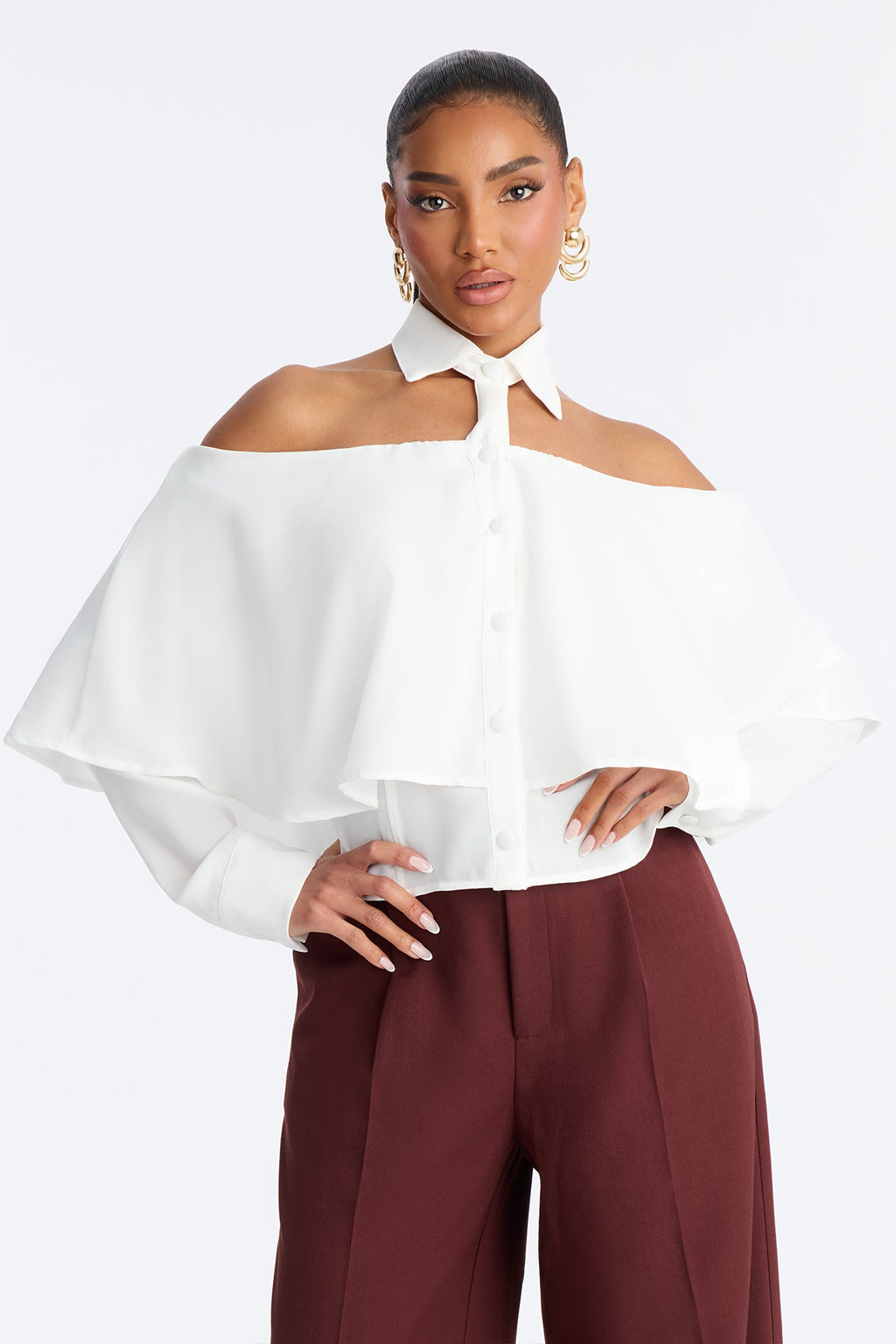 Destiny Off Shoulder Collar Shirt - Brown