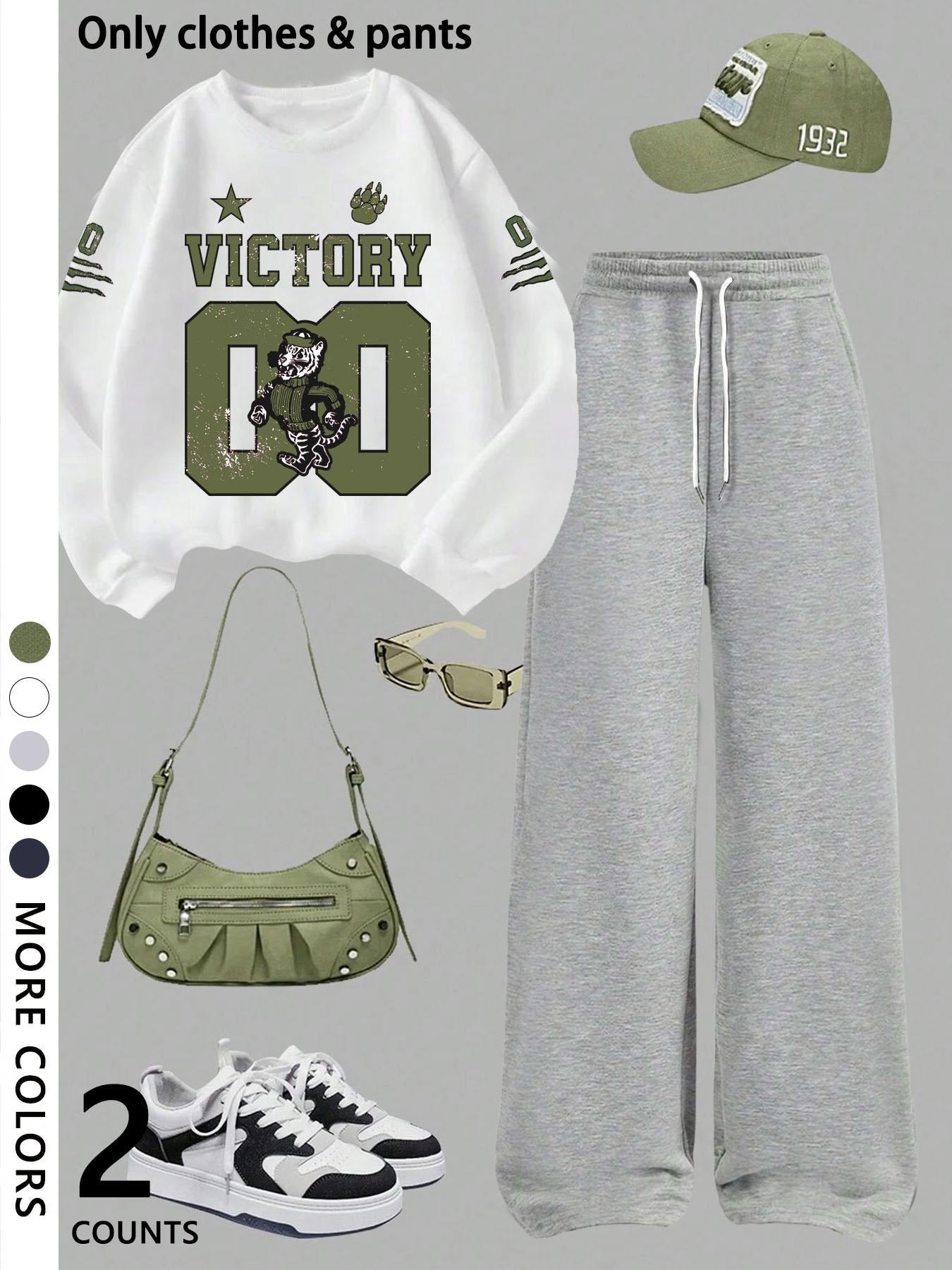 Girls' casual cool Graphic pattern print round neck pullover sweatshirt top and loose casual wide-leg pants, military green fashion dress, suitable for daily and going out